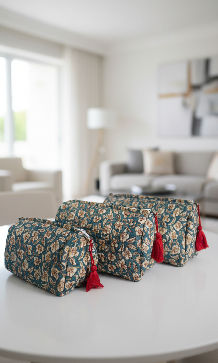 Set of three floral-patterned pouches with red accents on a white background