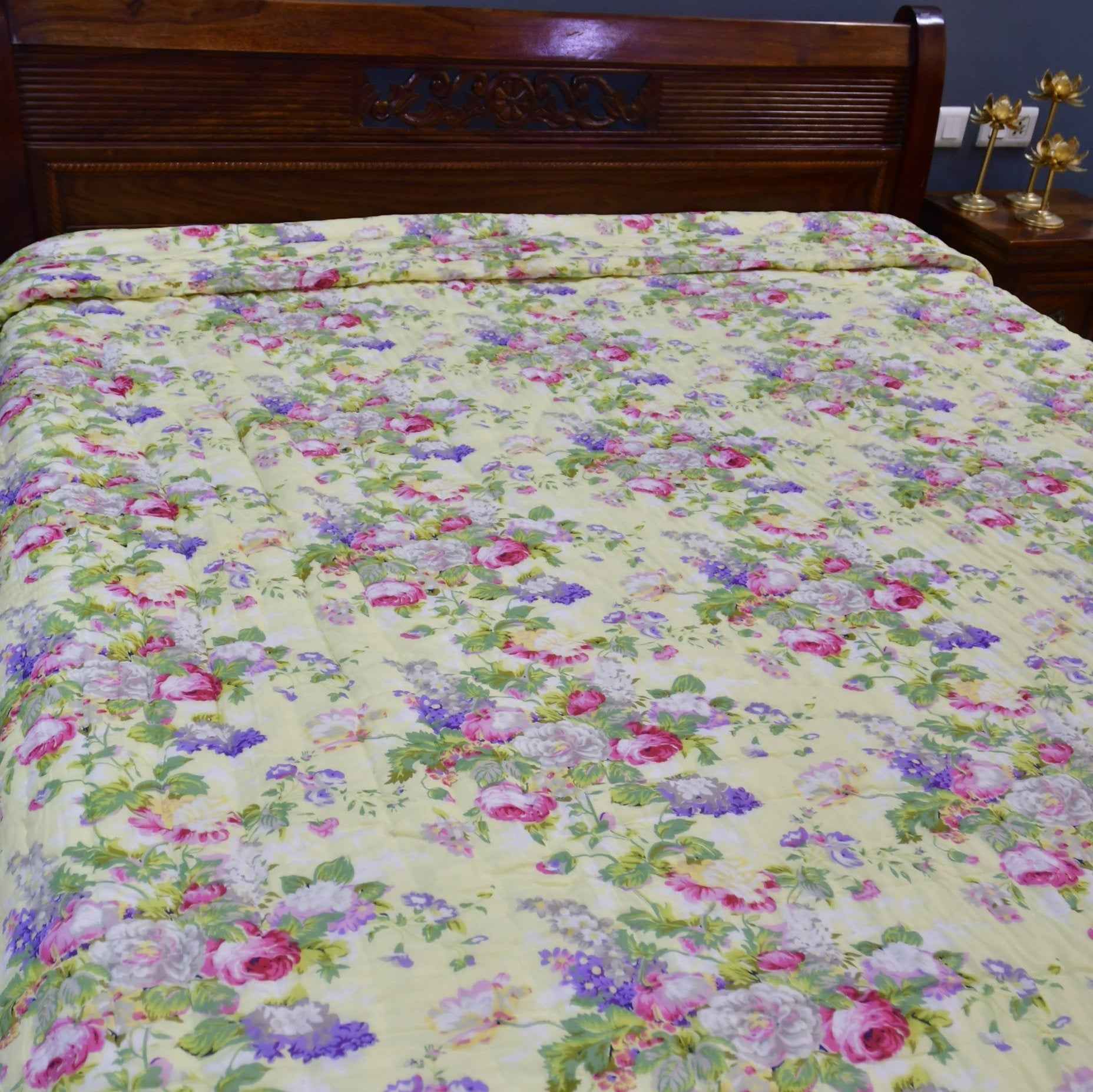 Yellow Floral Handblock Quilt - Sunshine Elegance