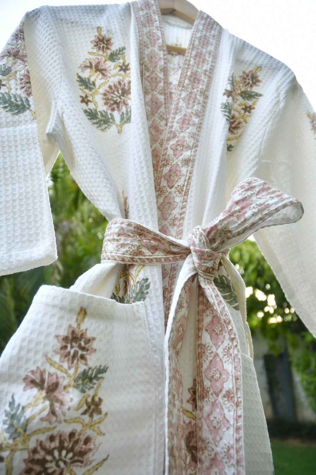 Royal Peach Buta Handblock waffle Cotton Bathrobe