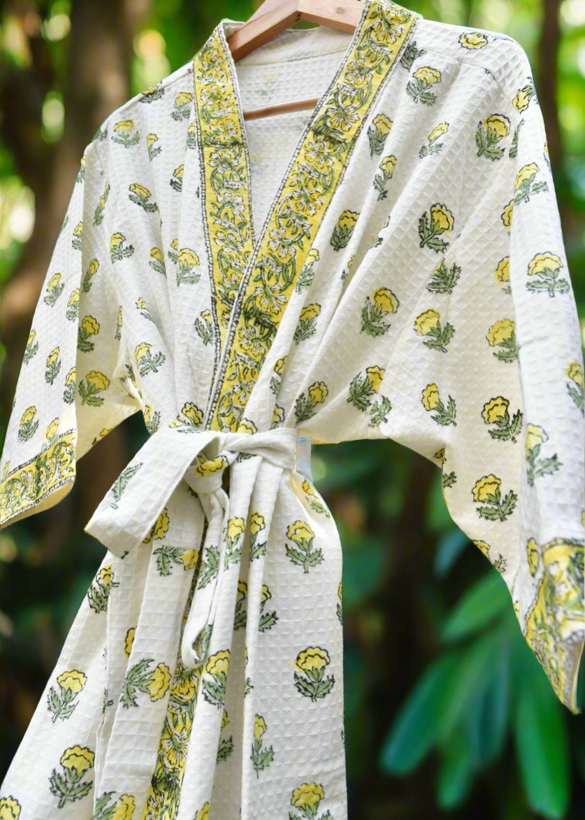 Yellow Buti HandBlock Waffle Cotton Bathrobe