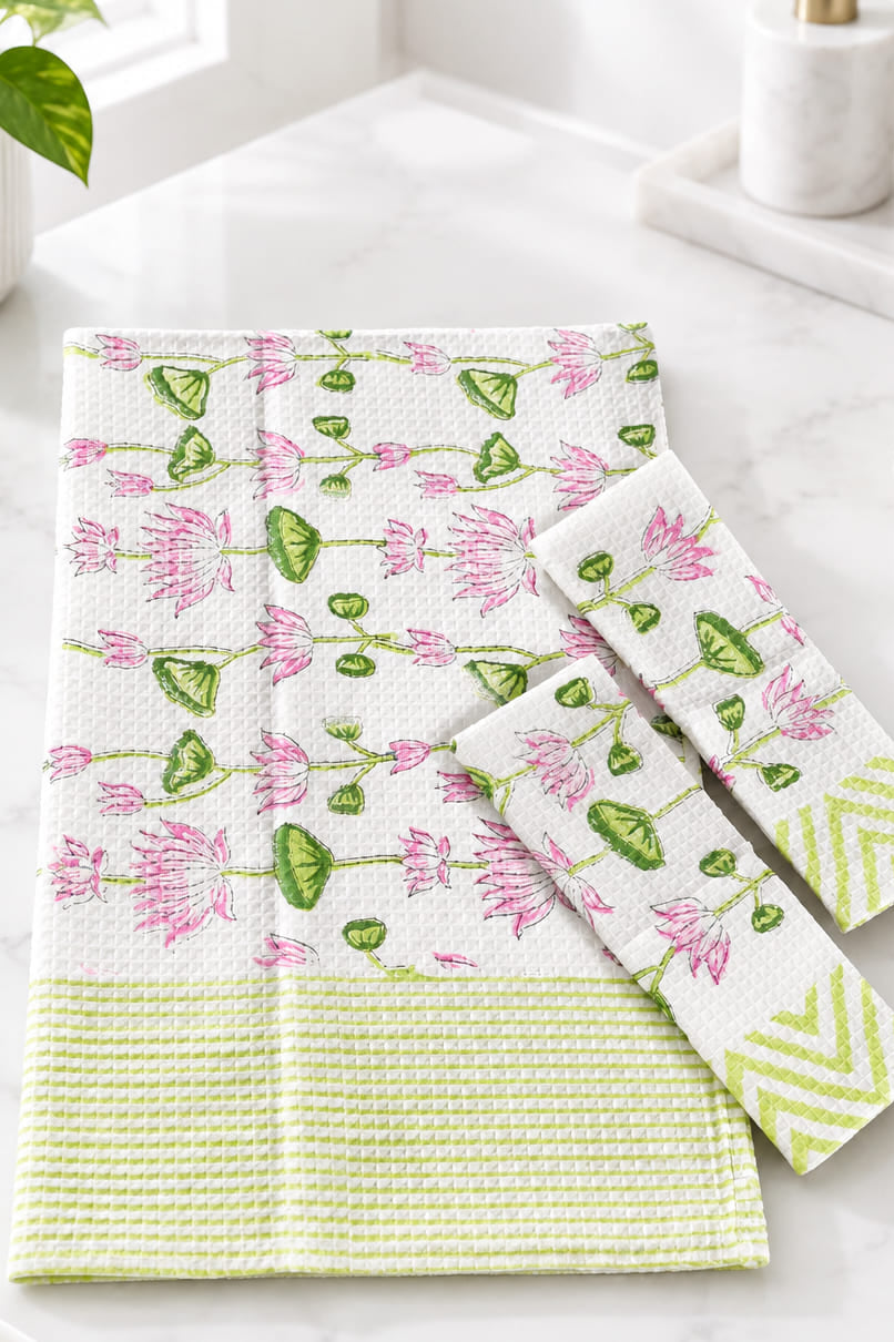 A white waffle-weave kitchen towel with a pink and green lotus flower pattern and a lime green striped border, shown folded on a white marble surface with a matching napkin or small towel beside it.