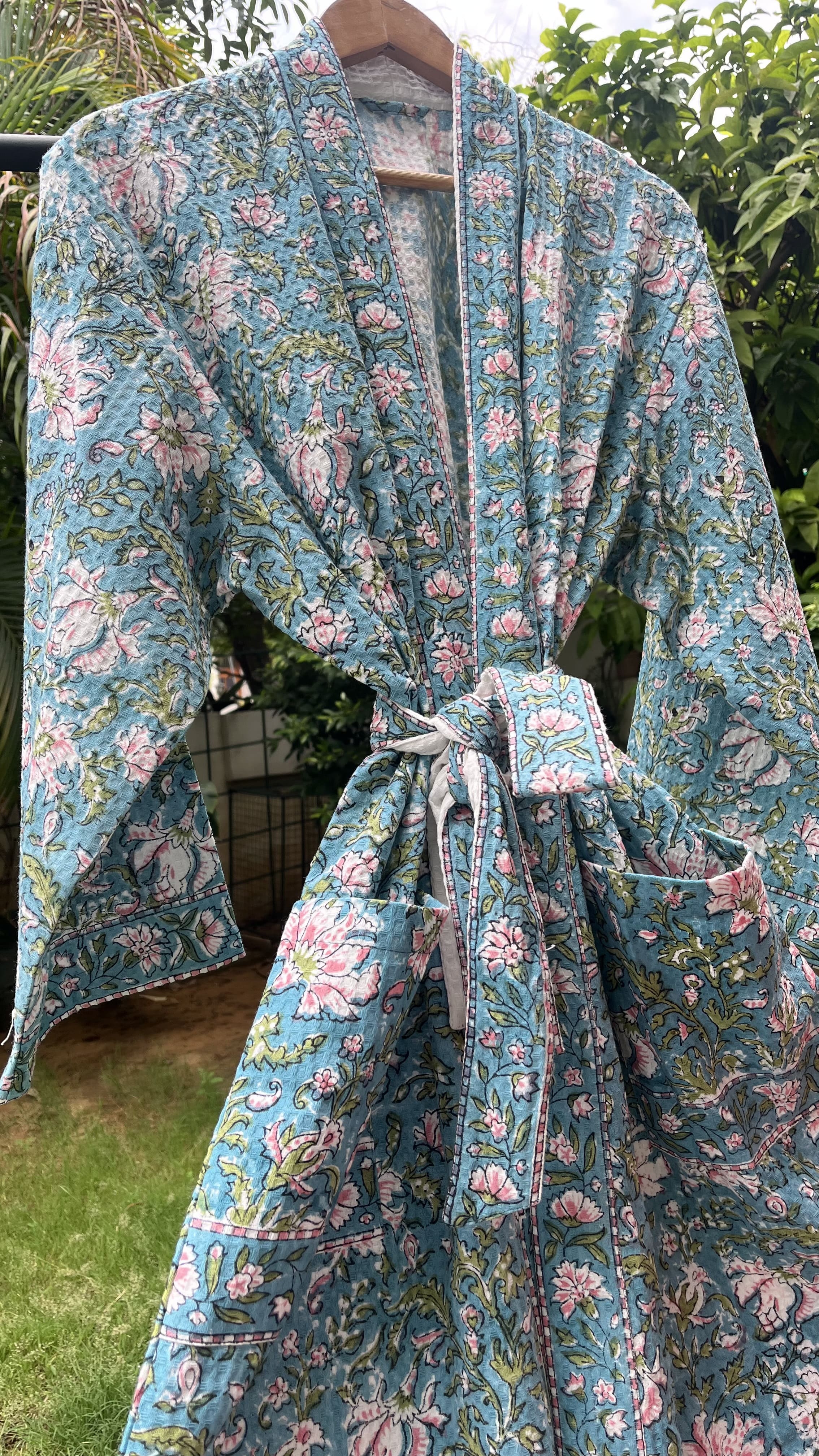 Aqua Blue Pink Floral Hand Block Print Waffle Cotton Bathrobe for Women by FabAmber