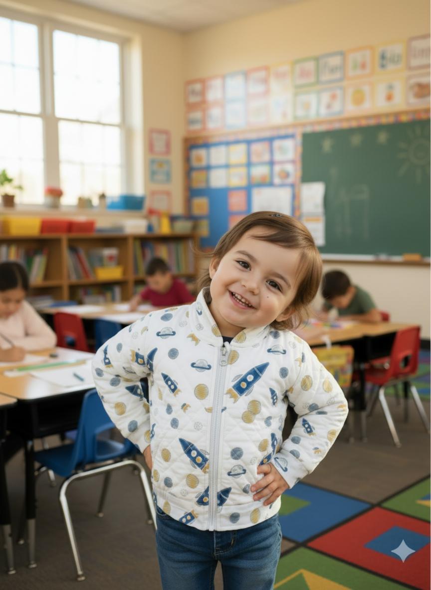 Child in a classroom wearing a white jacket with space-themed designs, smiling at the camera.