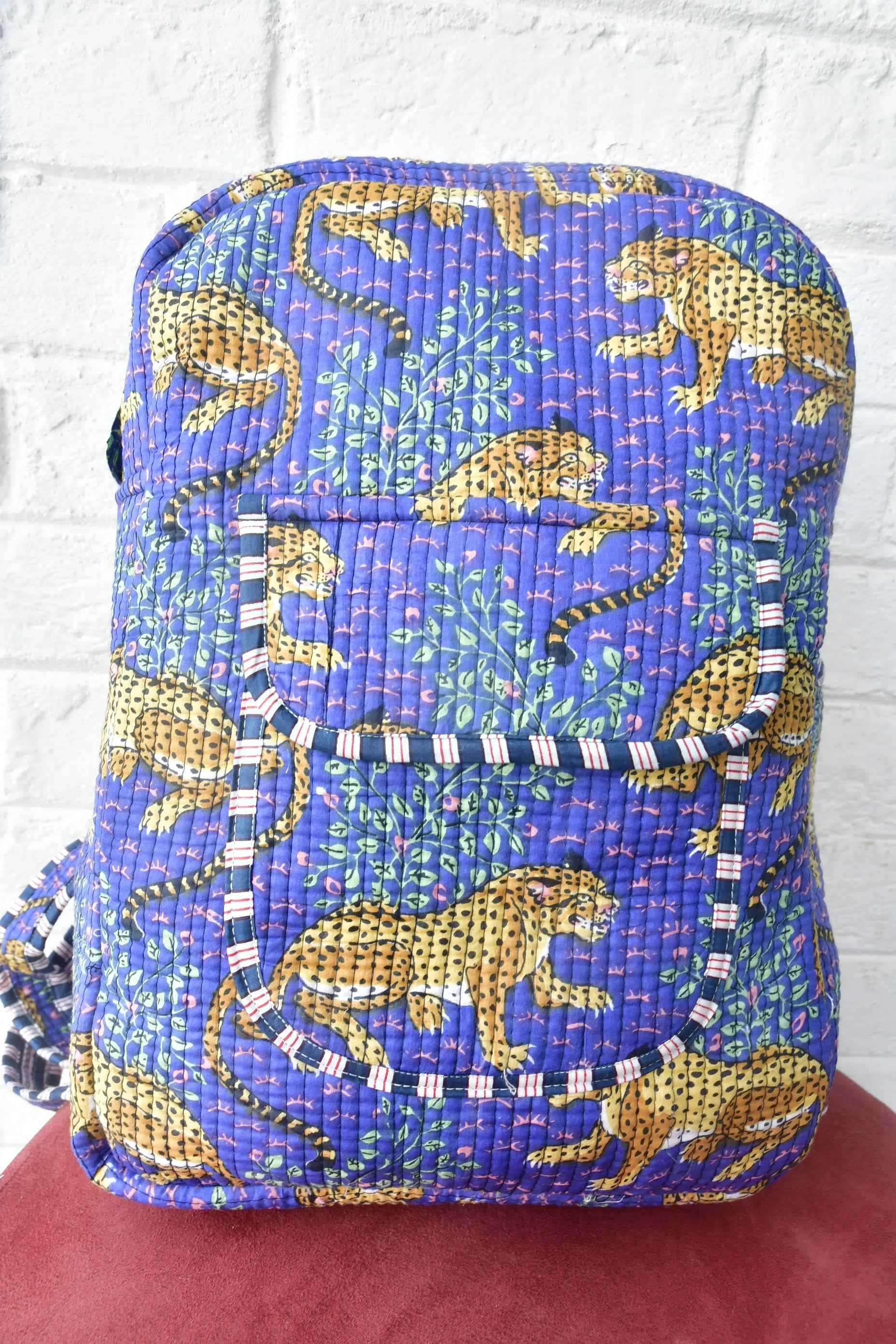Violet Leopard Print Handblock Cotton Backpack