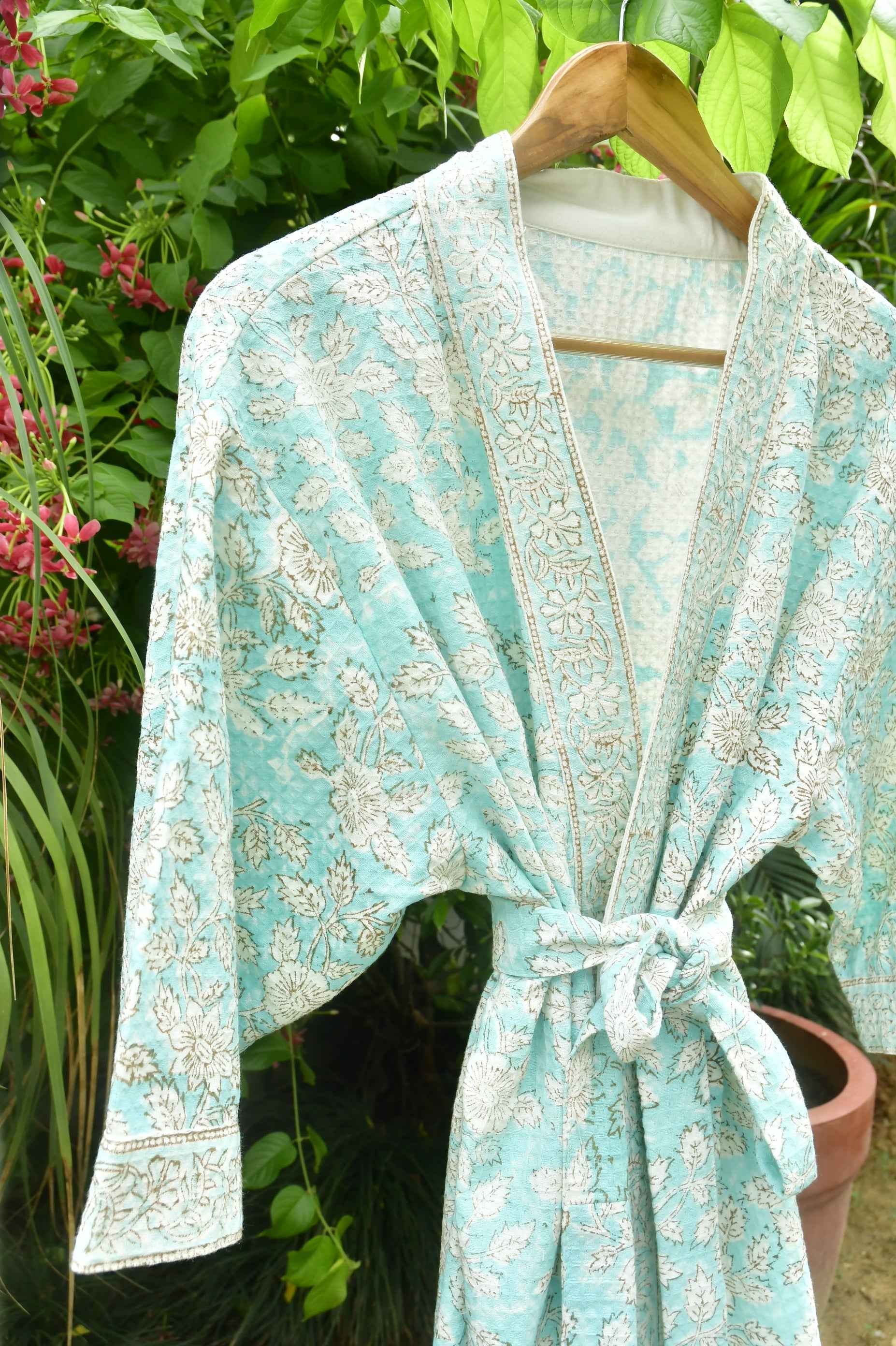 Sea Green floral Waffle Cotton Bathrobe