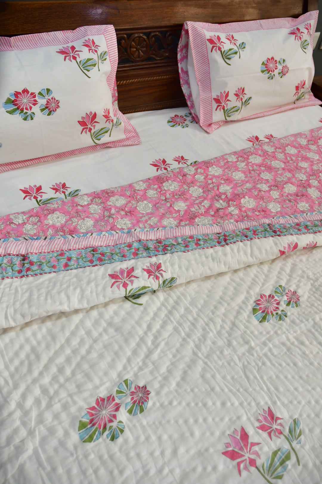 Pink Lotus Handblock Cotton Bedding Set