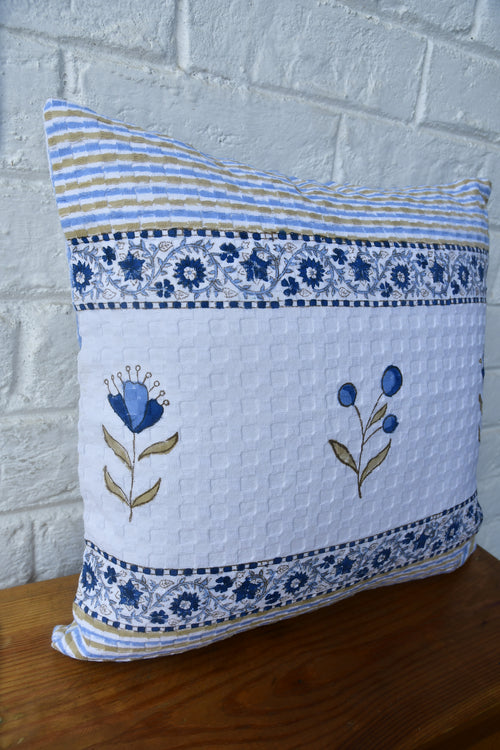 Blue floral stripe cotton cushion 