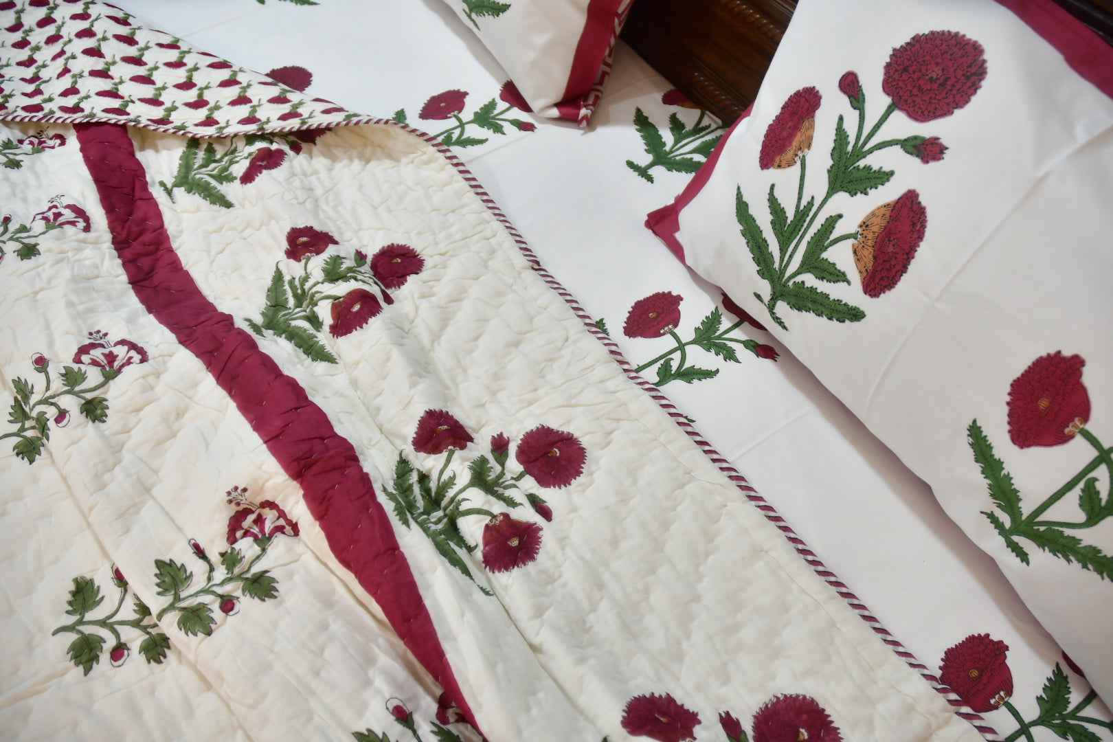 Classic Red Poppy Handblock Cotton Bedding Set
