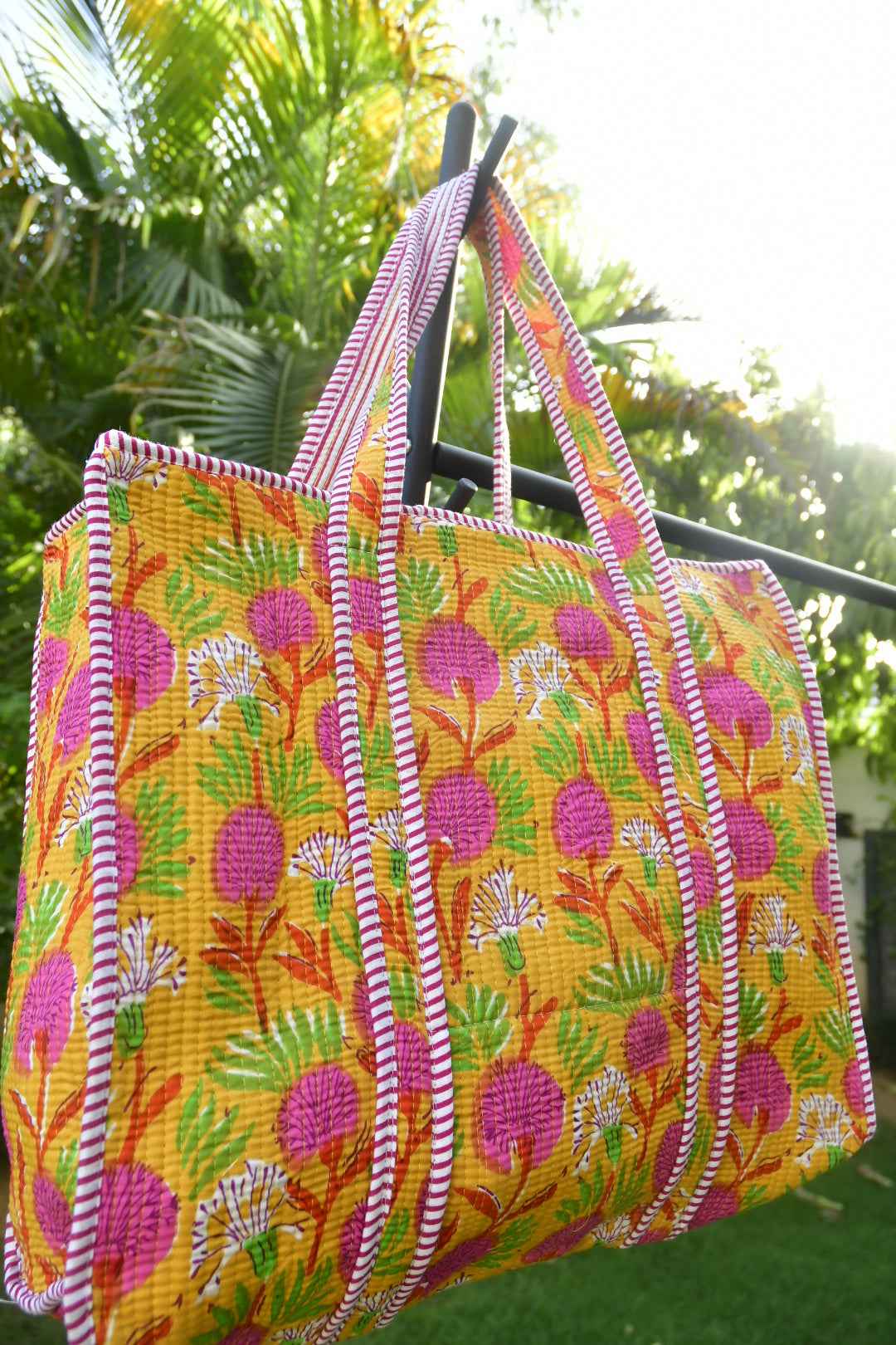 Yellow Blossoms Zipper Tote Bag: Hand-Blocked Beauty