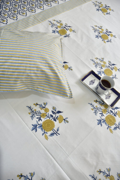 Royal Blue yellow Buta Bedsheet Hand Block