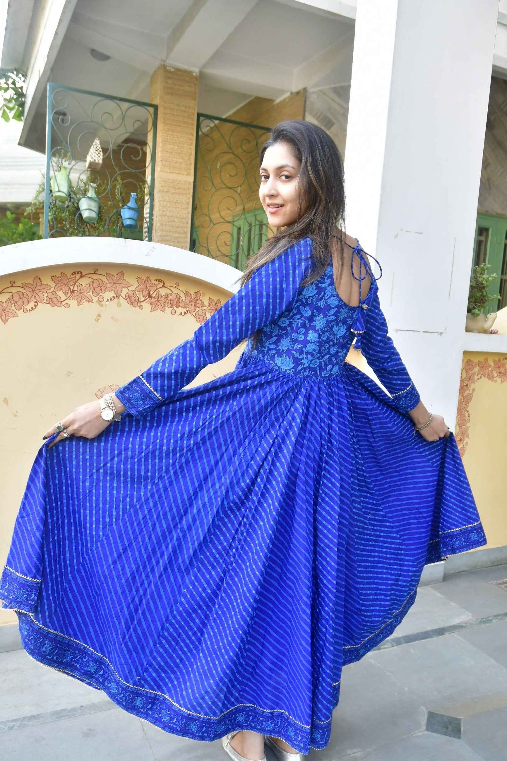 Royal Blue Lehariya Anarkali Handblock : Traditional