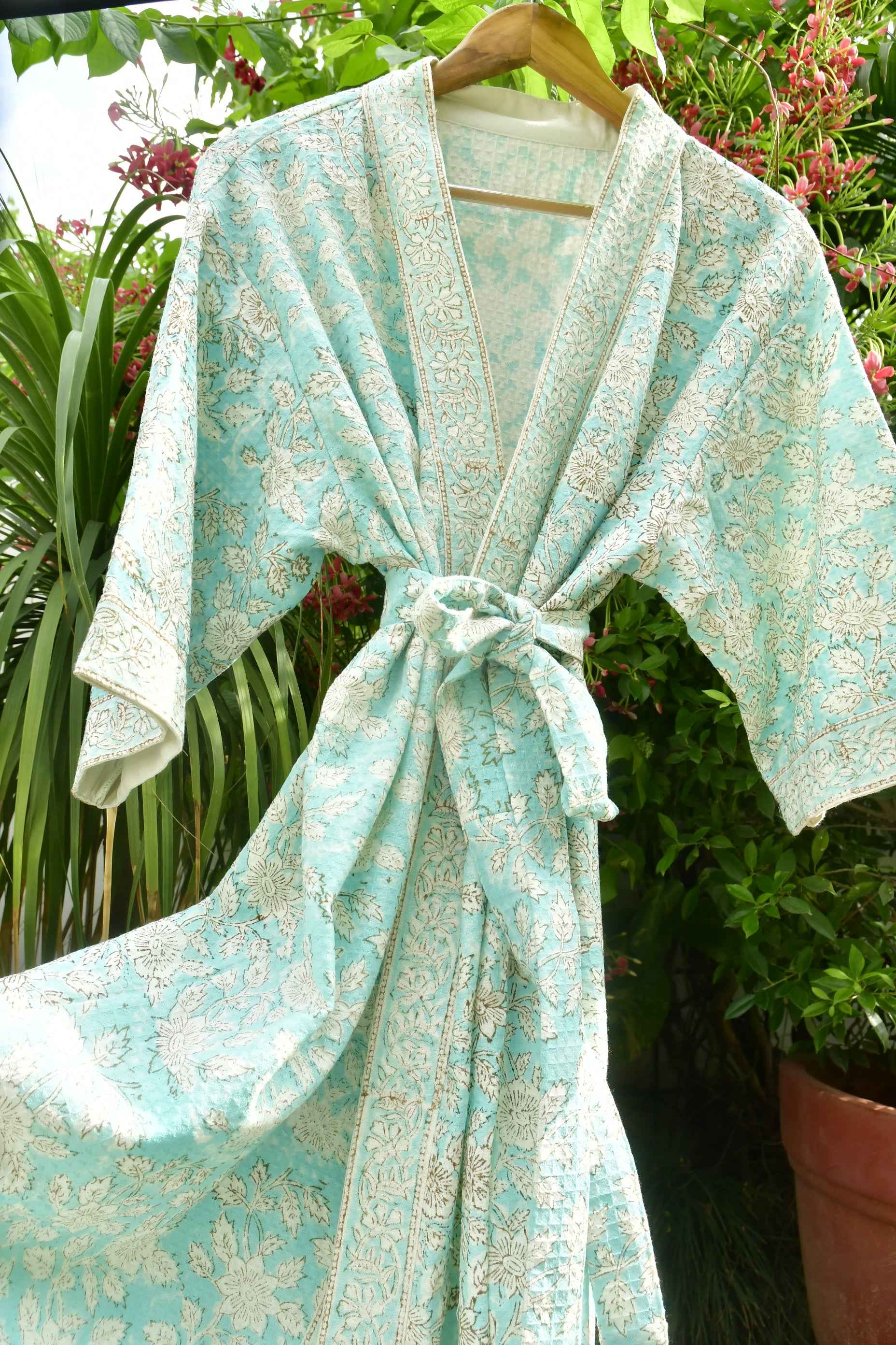 Sea Green floral Waffle Cotton Bathrobe