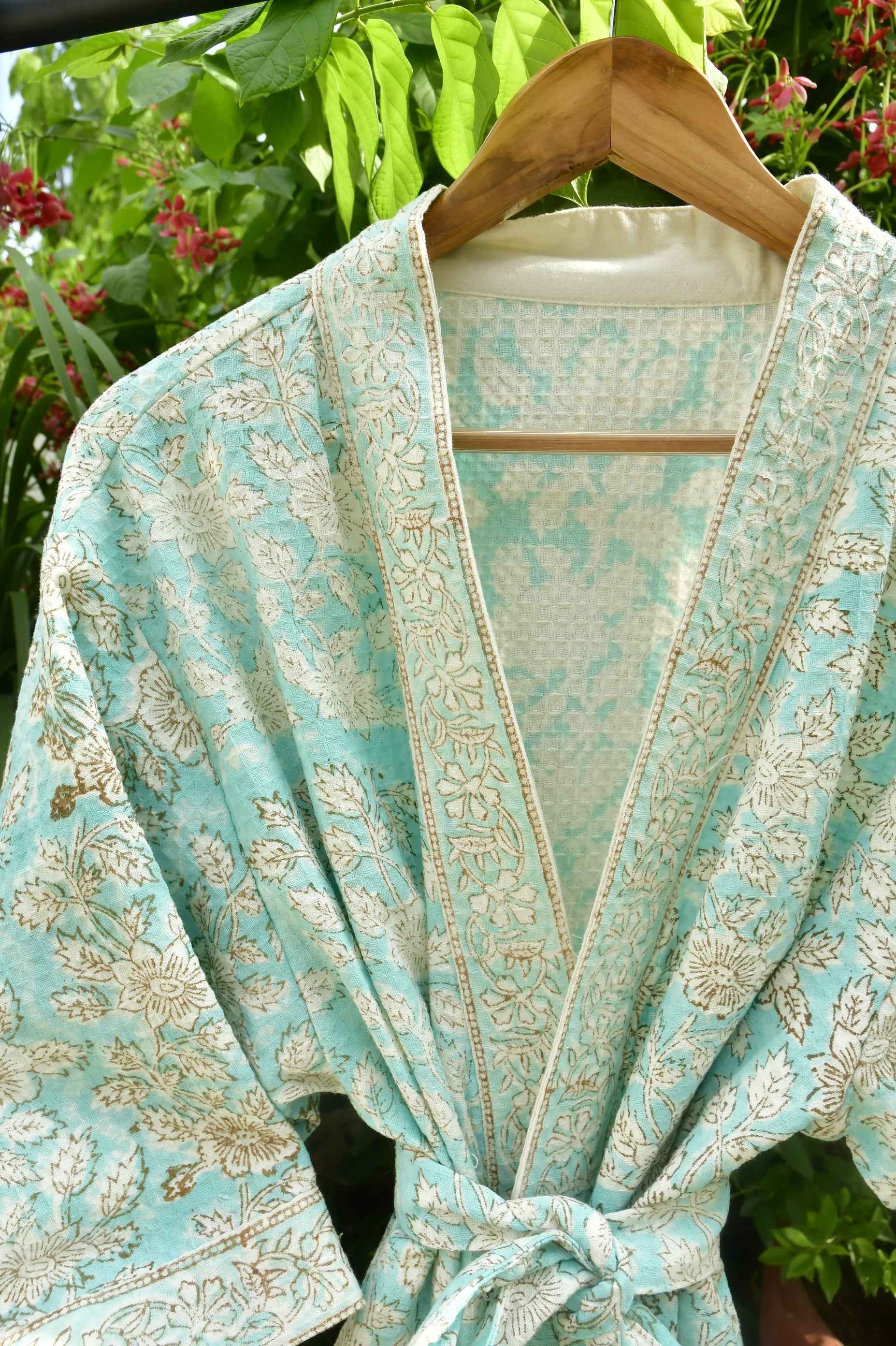 Sea Green floral Waffle Cotton Bathrobe