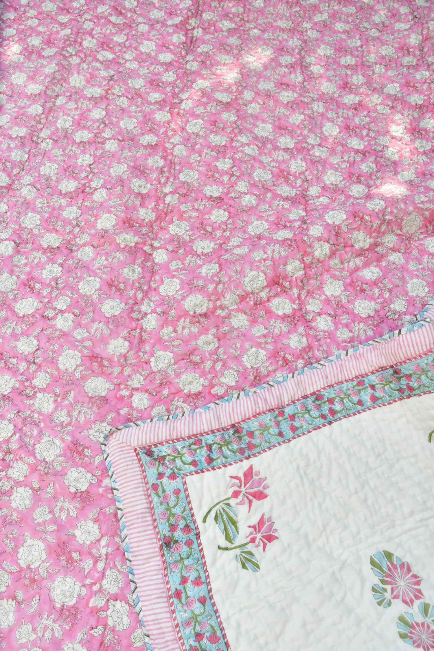 Pink Lotus Handblock Reversible Quilt : Warmth & Style