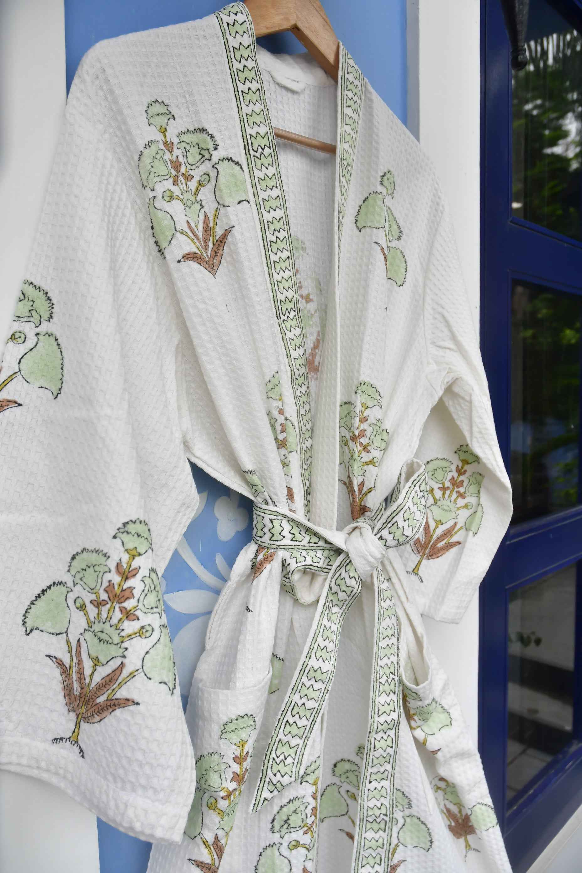 Pista Green Floral waffle cotton Bathrobe