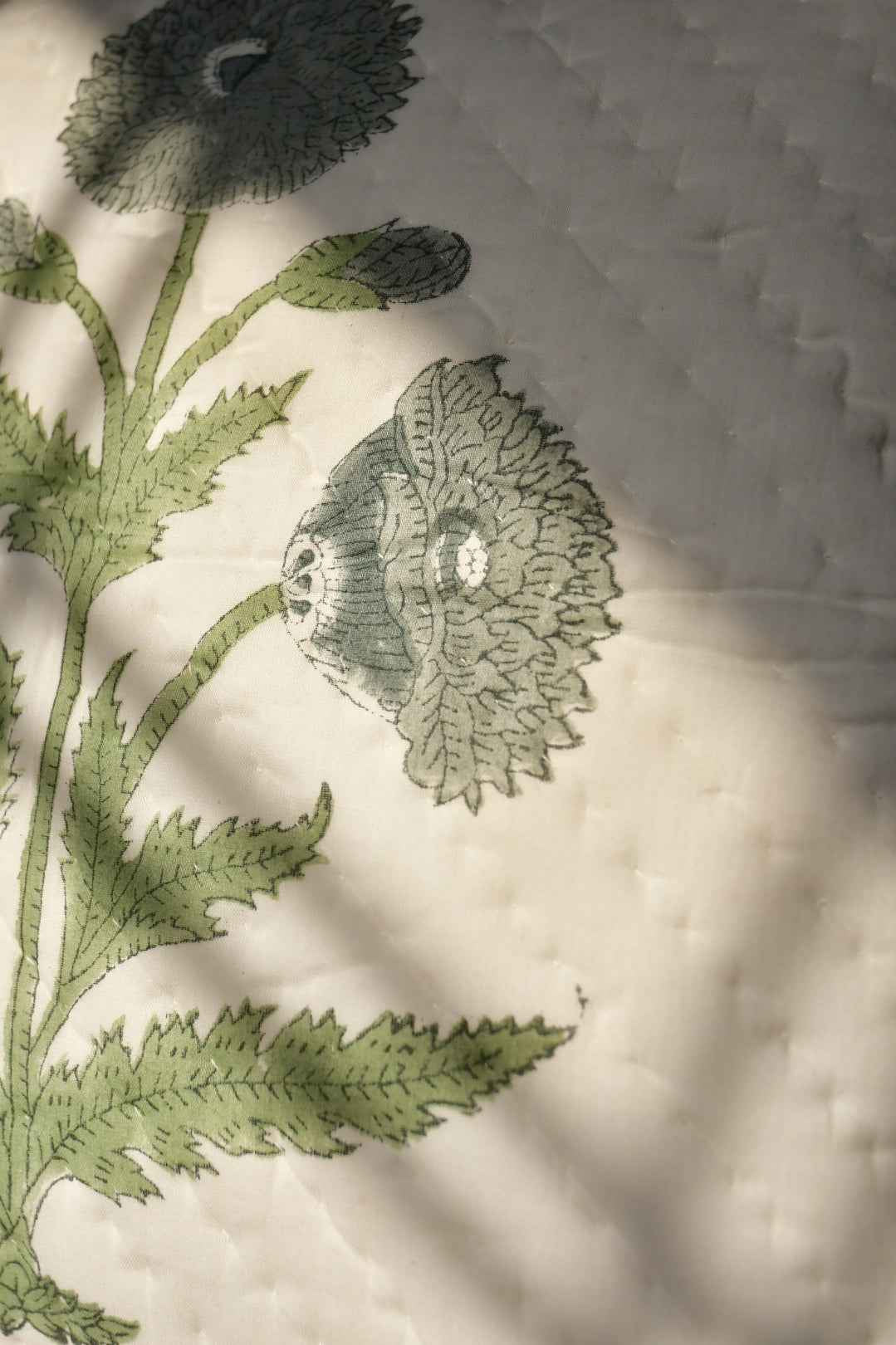 Blue Grey Poppy Cotton Cushion Cover – Hand Quilted, Designer Floral