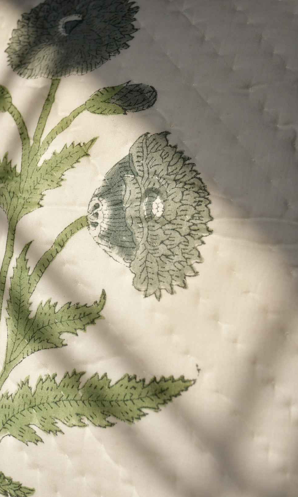 Blue Grey Poppy Cotton Cushion Cover – Hand Quilted, Designer Floral