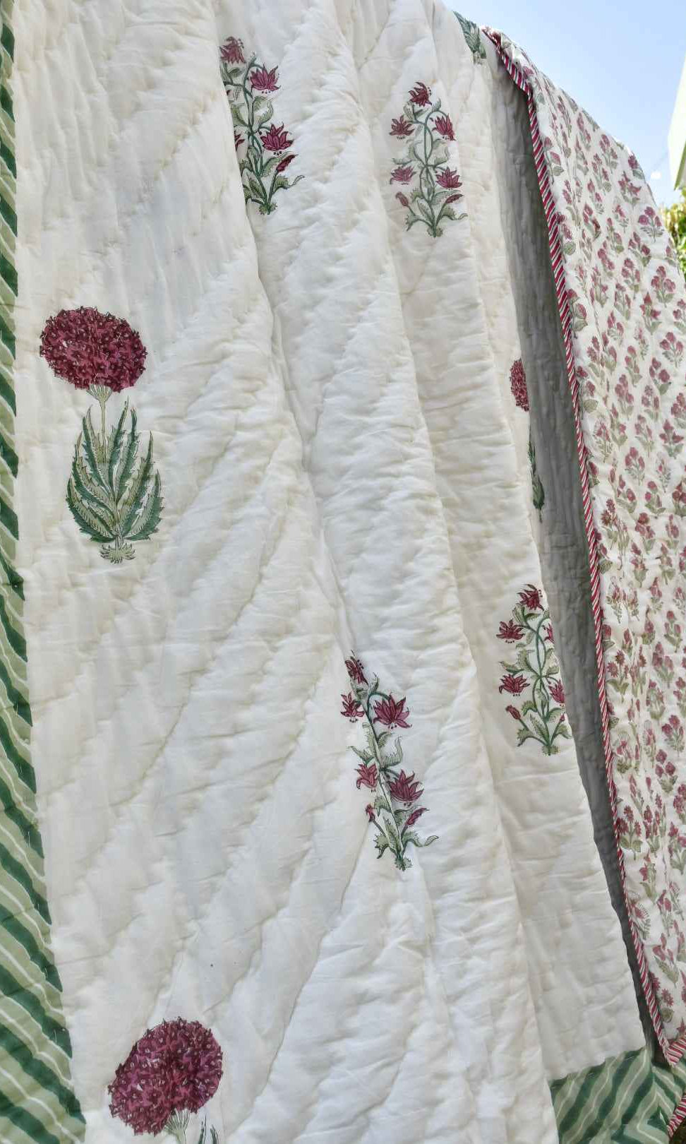 Serene Pink and Green Handblock Cotton Quilt