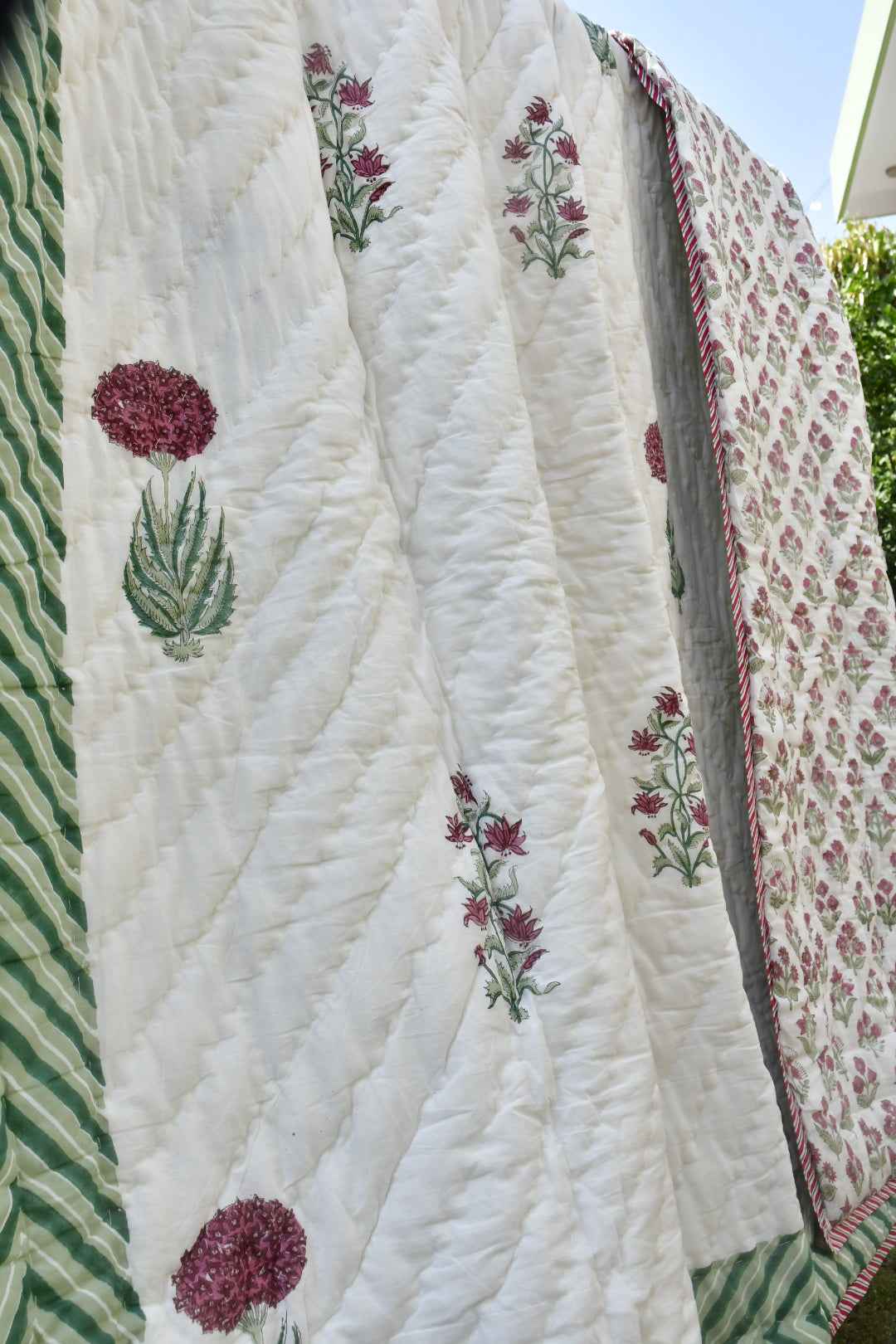 Serene Pink and Green Handblock Cotton Quilt