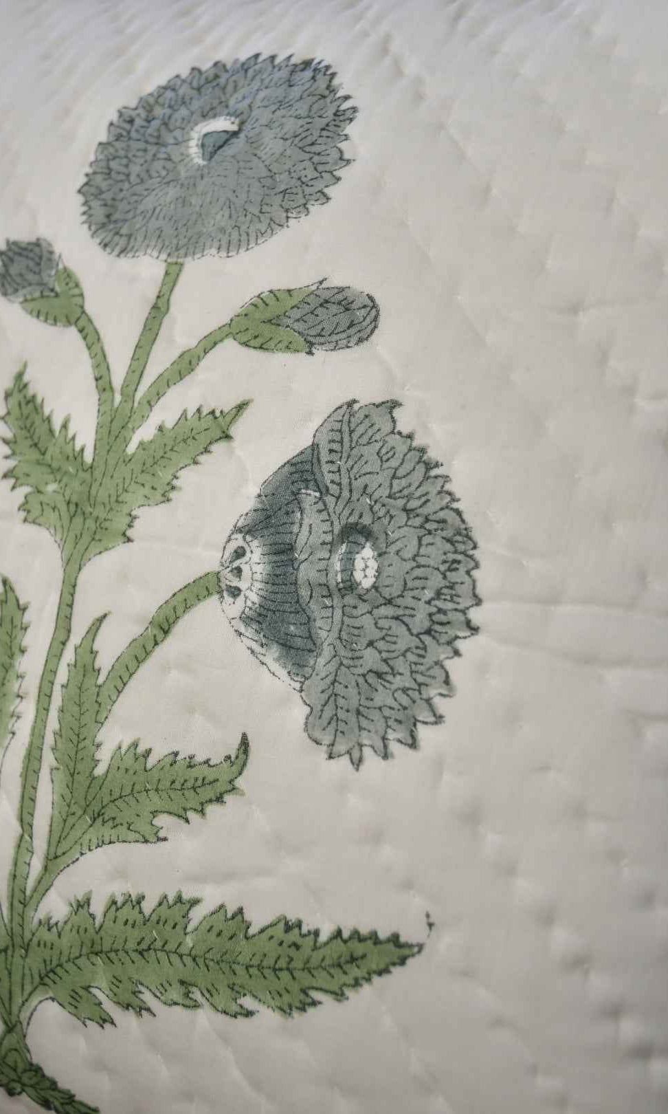 Blue Grey Poppy Cotton Cushion Cover – Hand Quilted, Designer Floral