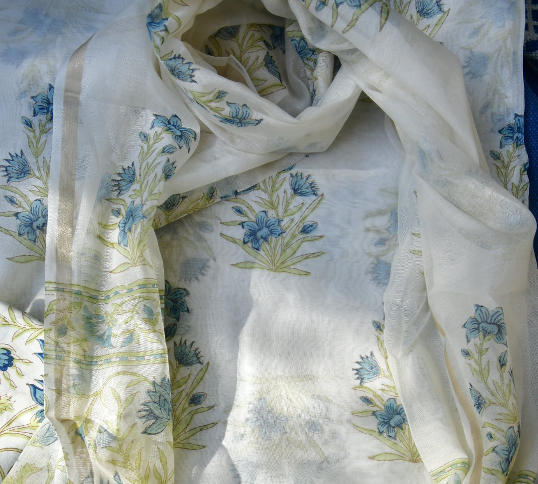 Floral fabric with blue and green patterns on a white background