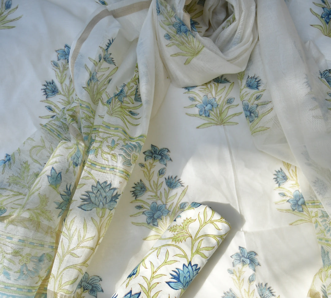 Floral fabric with blue and green patterns on a white background