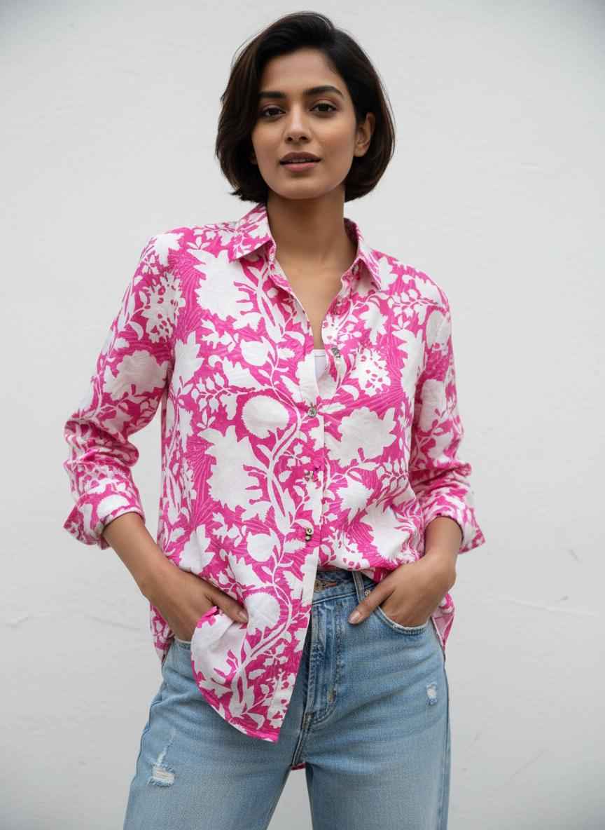Long Sleeve Handblock Casual Shirt - Hot Pink White Floral Modal Cotton Printed Women’s Shirt