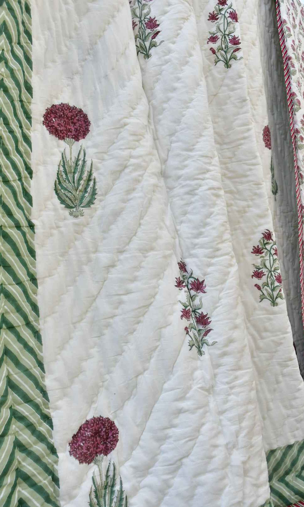 Serene Pink and Green Handblock Cotton Quilt