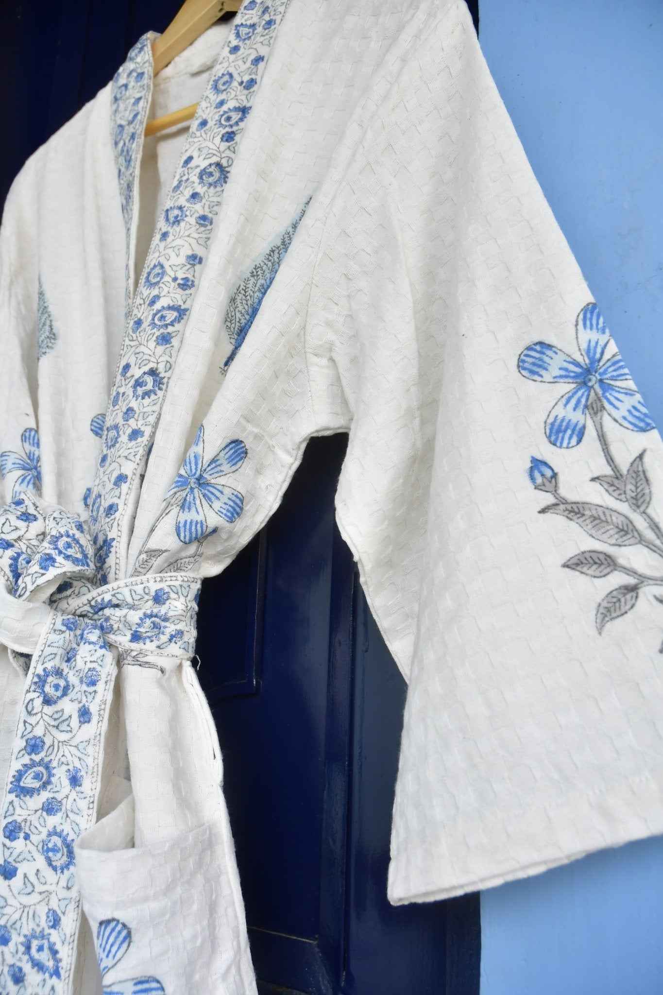 Blue Floral and Cypress Waffle Cotton Bathrobe