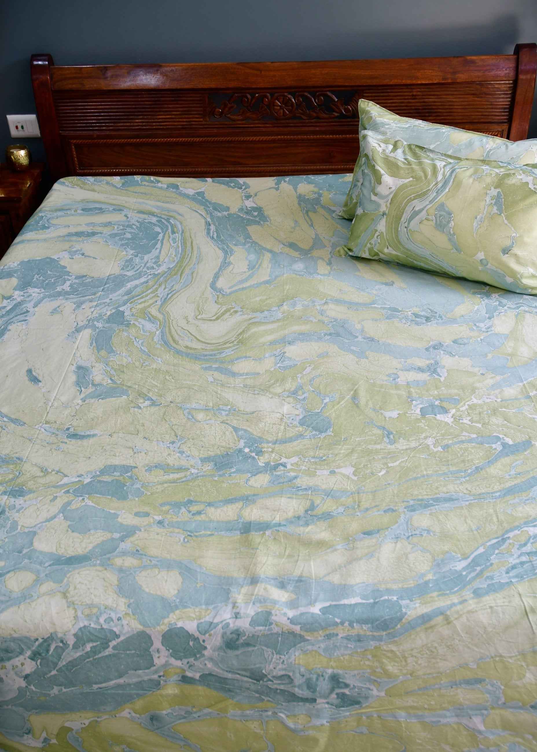 Green Blue Marble Double Cotton Bedsheet