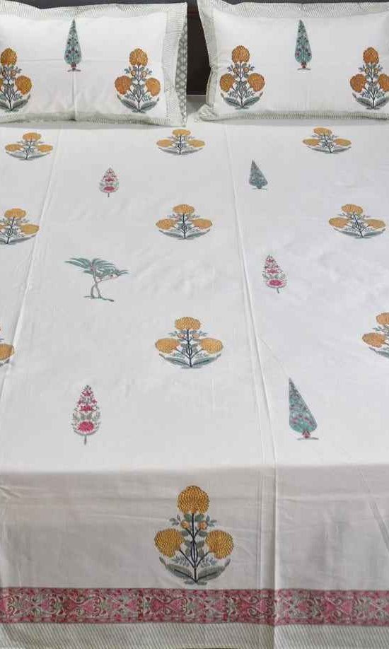 Cotton Quilt Hand Block Bedding Set – Yellow Marigold