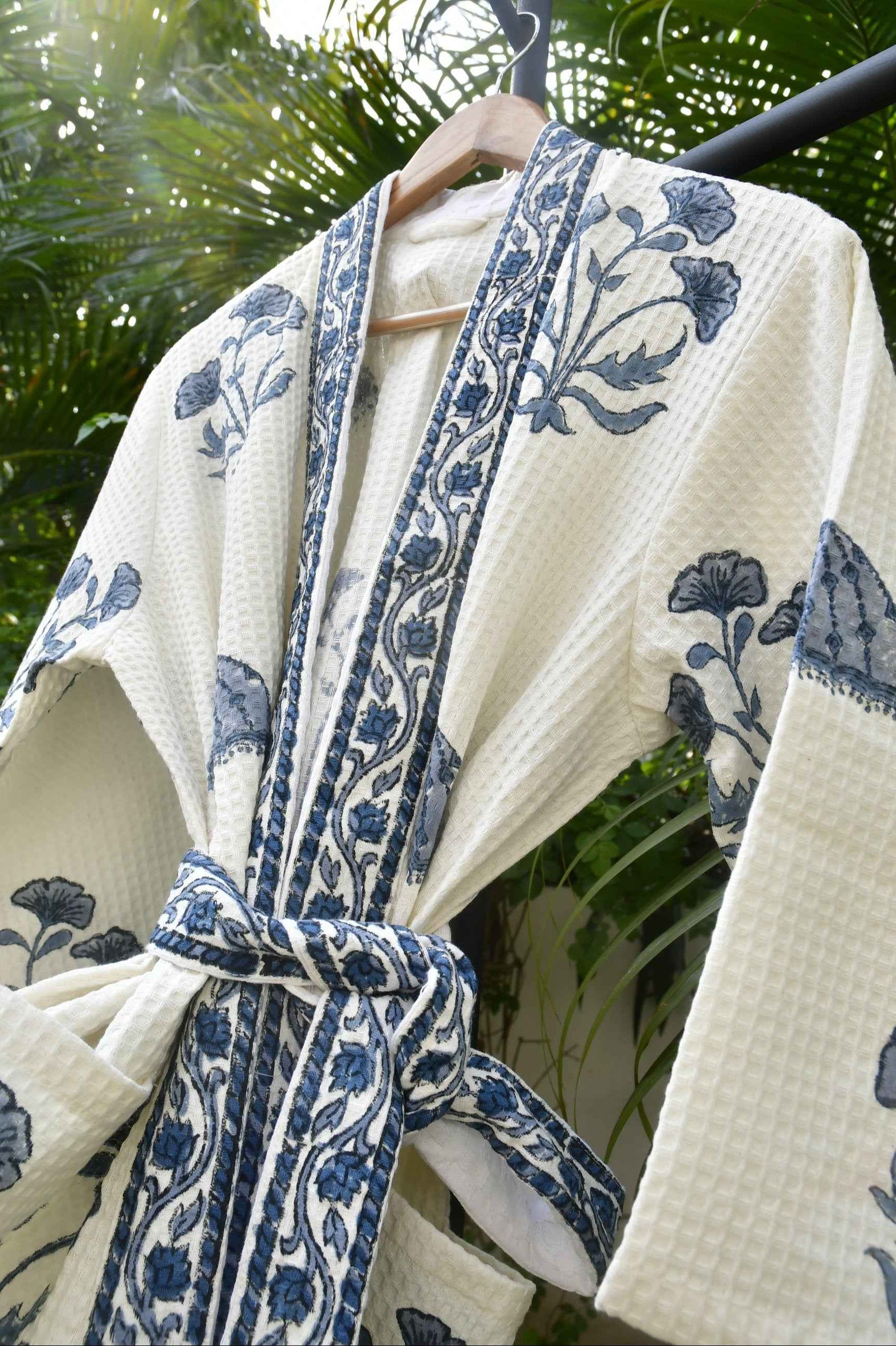 Waffle Bath Robe, Indigo Chattri, Hand Block Print