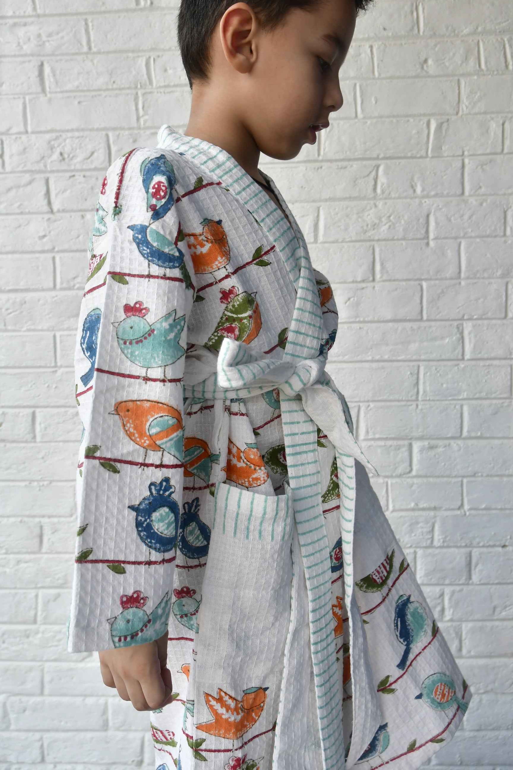 Kids HandBlock Premium Waffle Cotton Bathrobe Sparrow Pattern