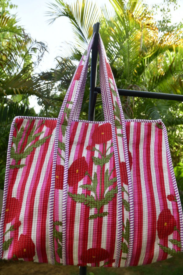 Poppy on stripe tote bag