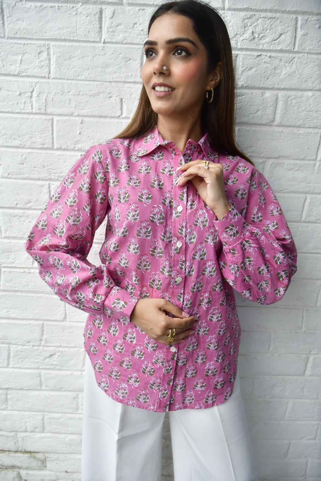 Tulip Pink Floral Buta Cotton Shirt