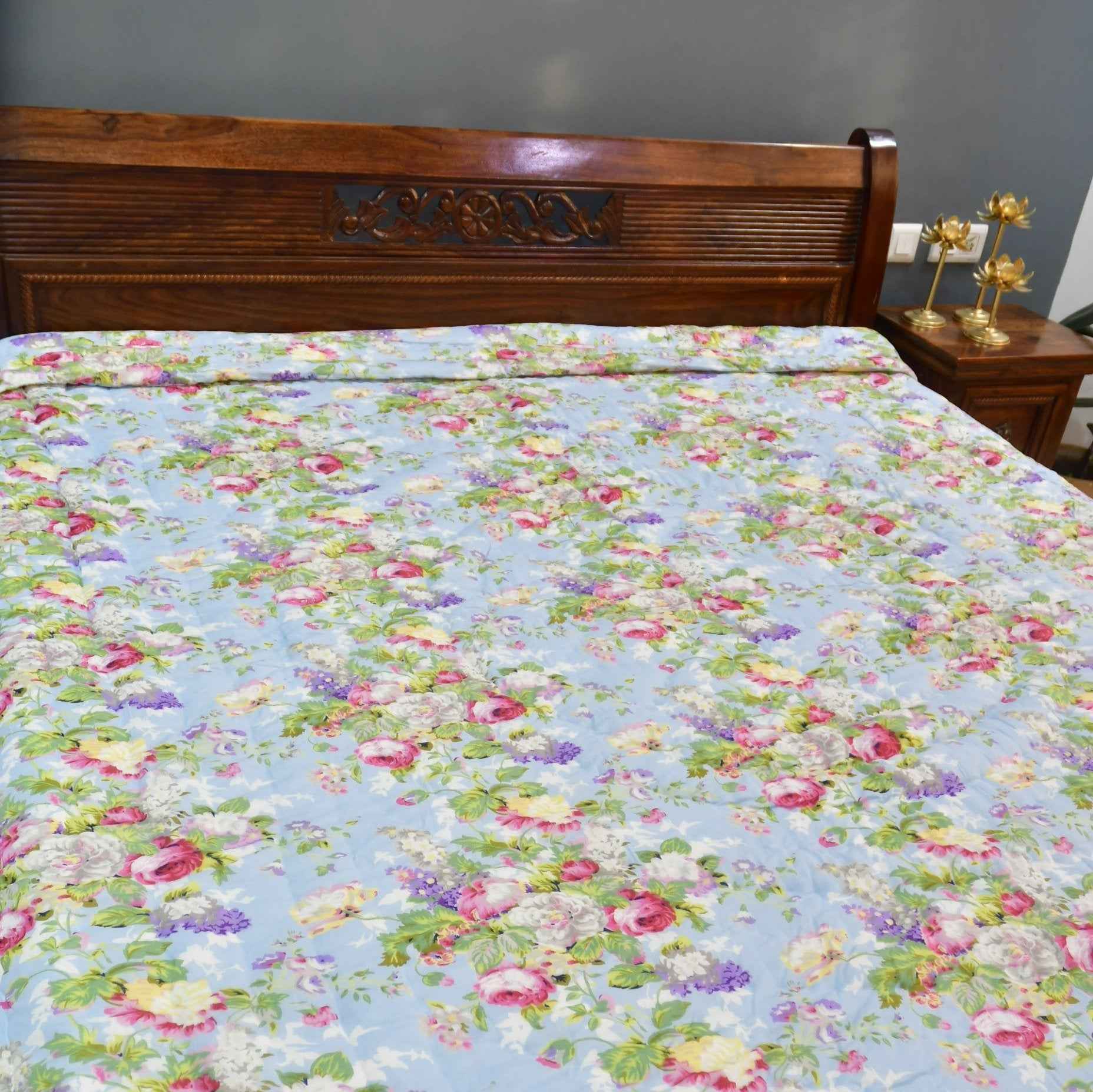 Sky Blue Floral Handblock Reversible Quilt