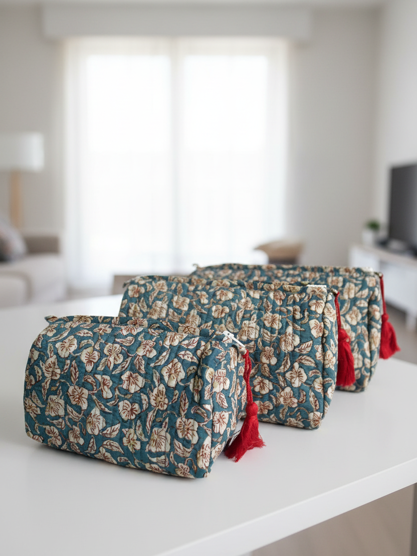 Set of floral-patterned bags with red accents on a white background