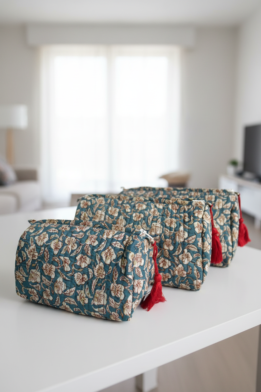 Set of floral-patterned bags with red accents on a white background