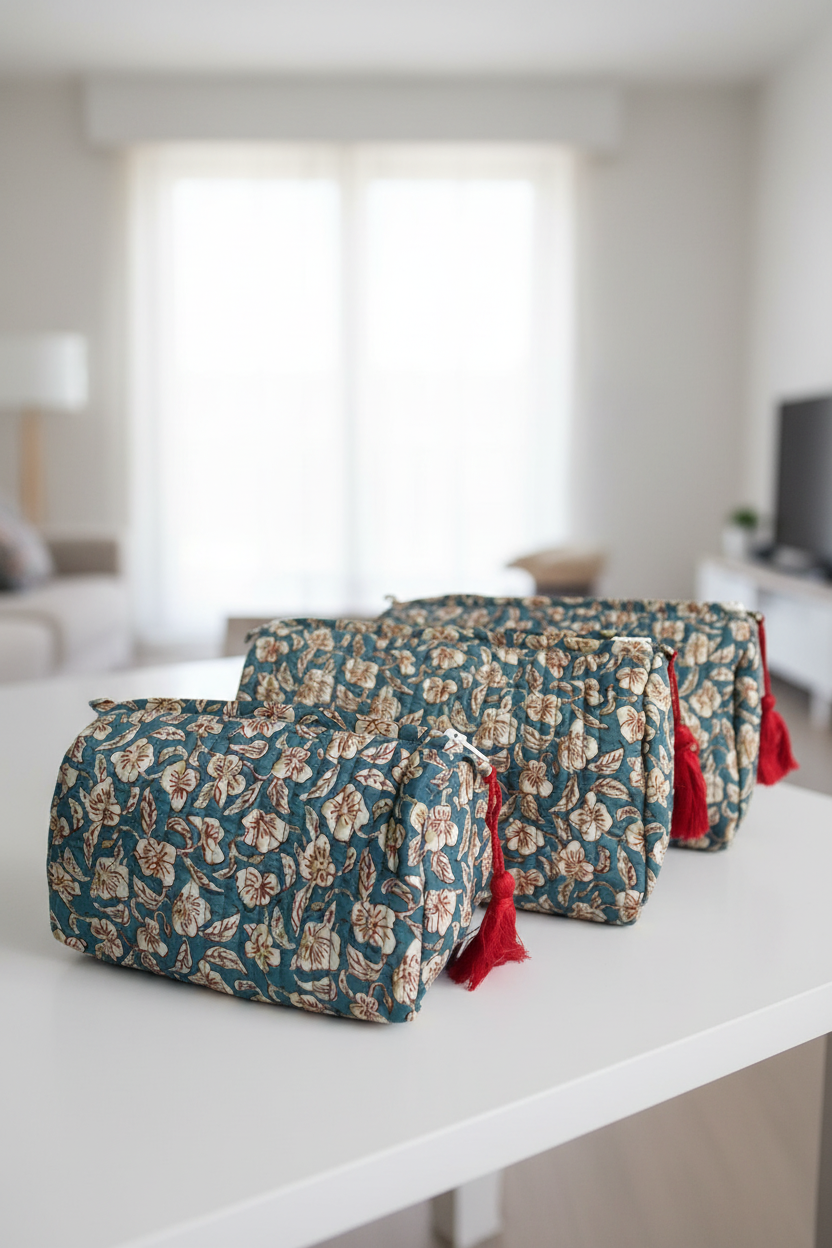 Set of floral-patterned bags with red accents on a white background