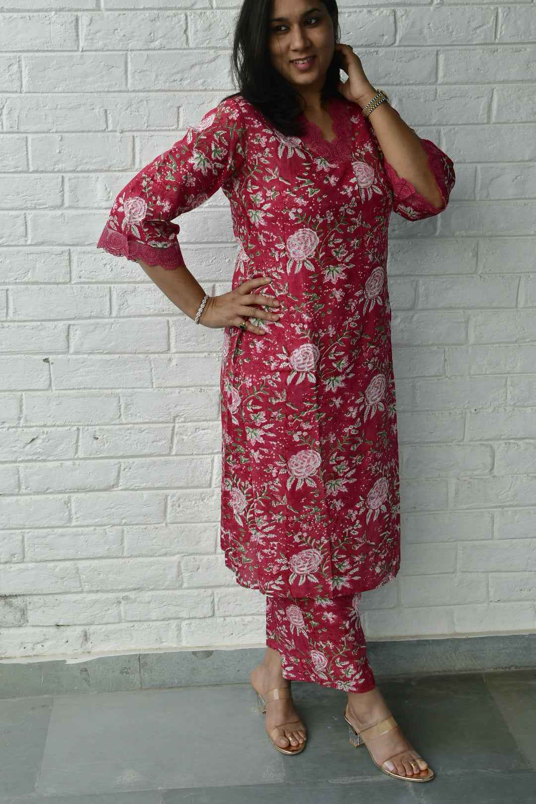 Coral Pink Bagiya Kurta set : Handblock