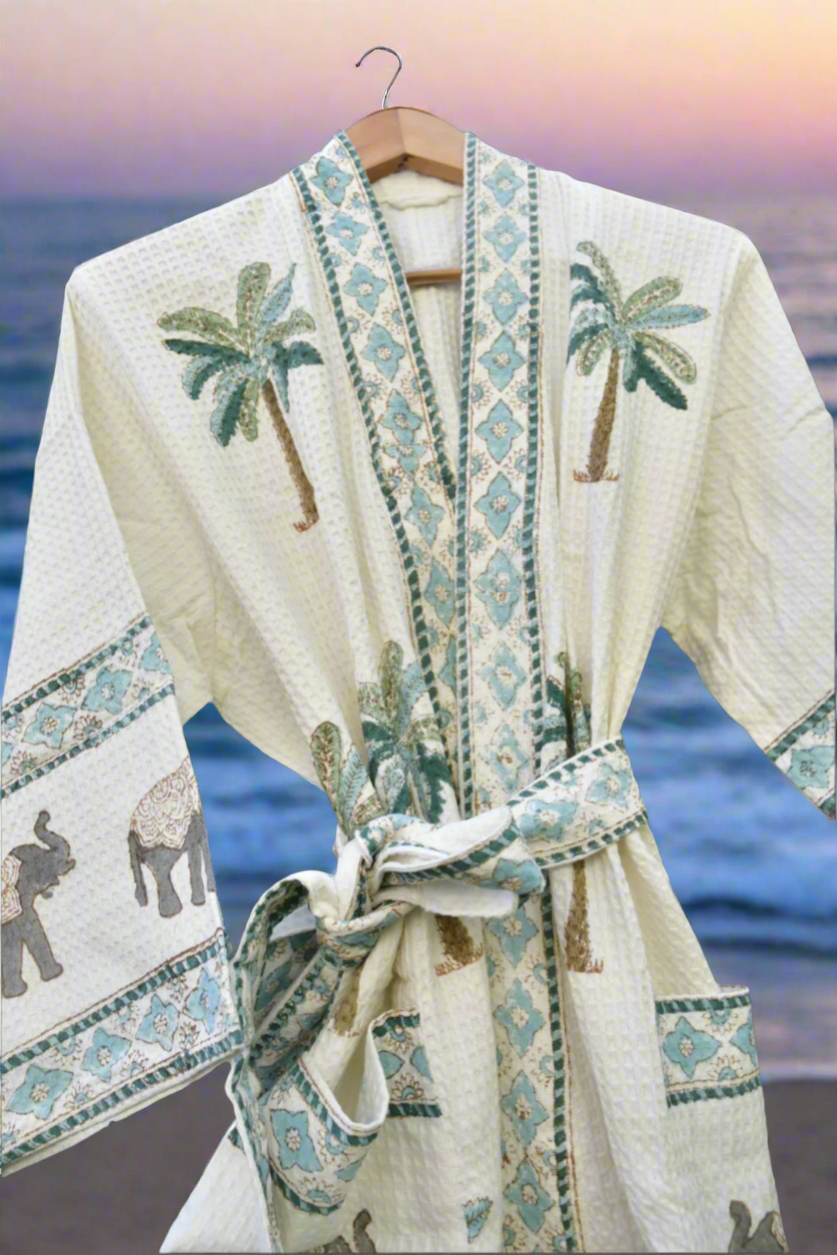 Green Palm and Elephant Handblock Bathrobe