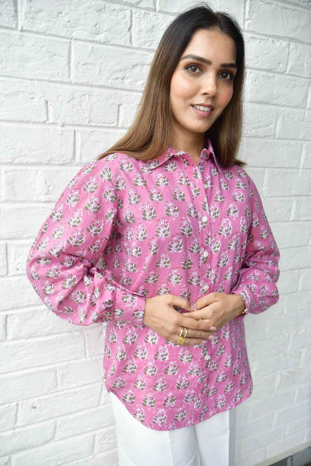 Tulip Pink Floral Buta Cotton Shirt