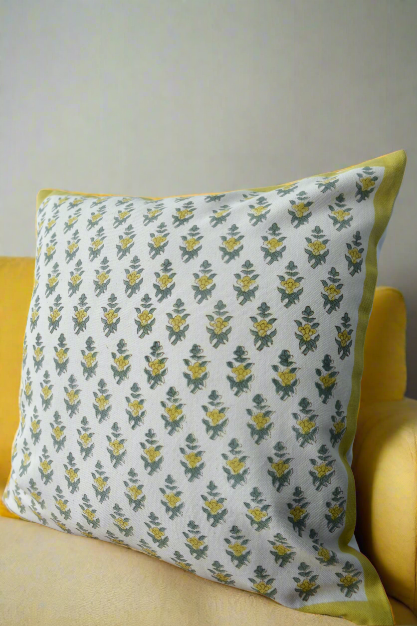 Lemon Green Buti Cushion Cover: Hand Block Printed Luxury India