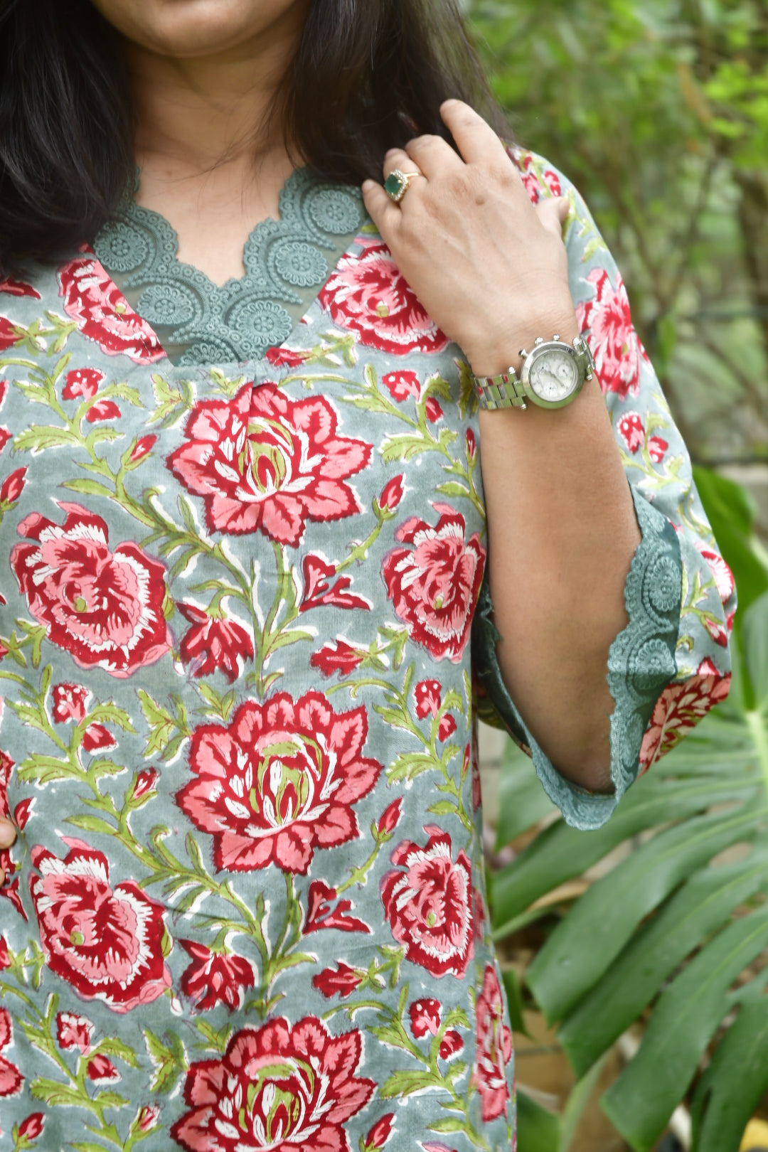 Gree and red jaipuri kurta