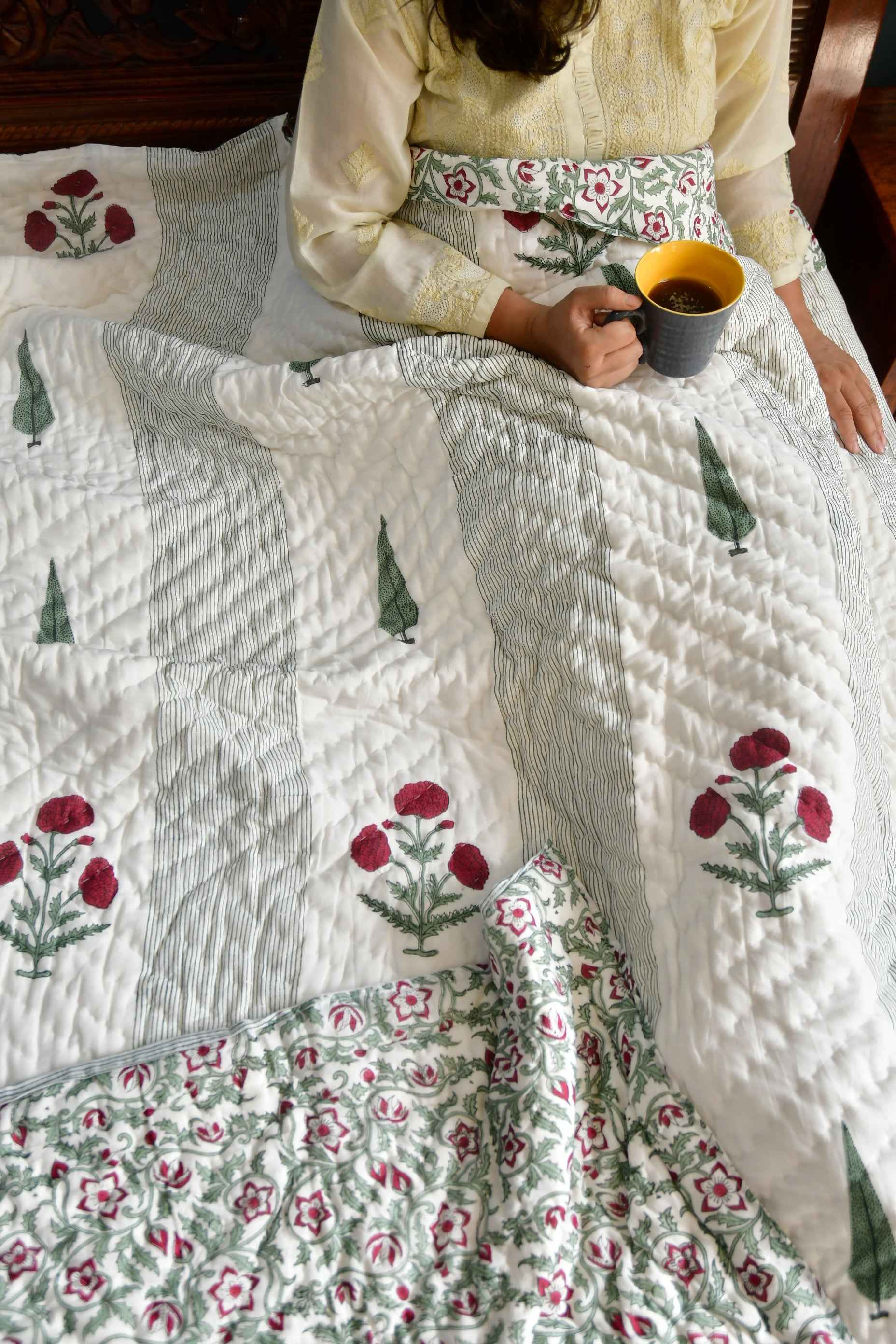 Cypress and Red flower Handblock Reversible Quilt / Rajai