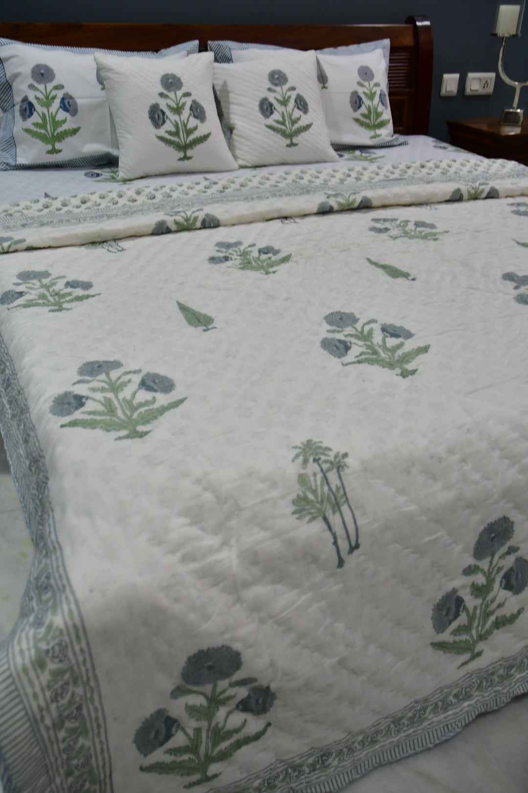 Blue Grey Poppy Handblock Cotton Bedding Set