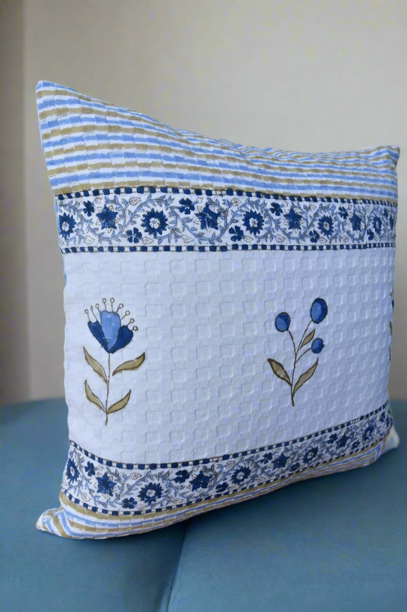 Elegant blue floral stripe handblock cushion cover