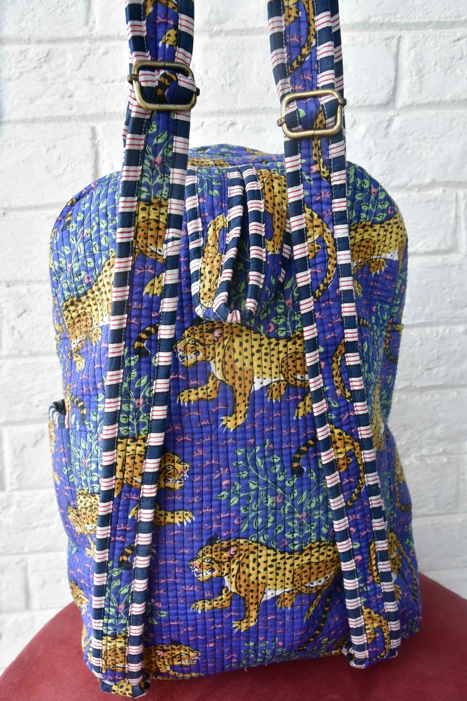 Violet Leopard Print Handblock Cotton Backpack