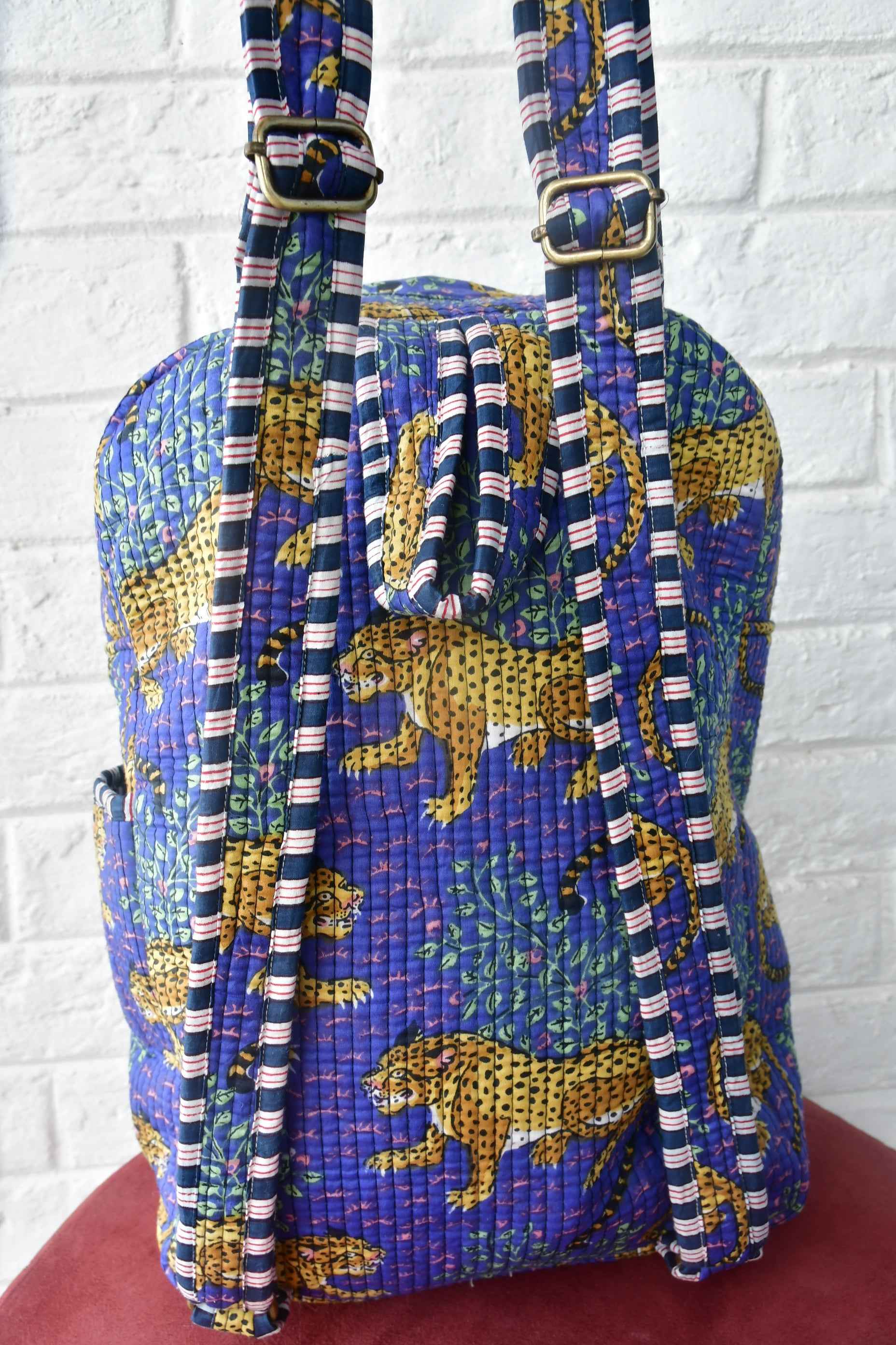 Violet Leopard Print Handblock Cotton Backpack