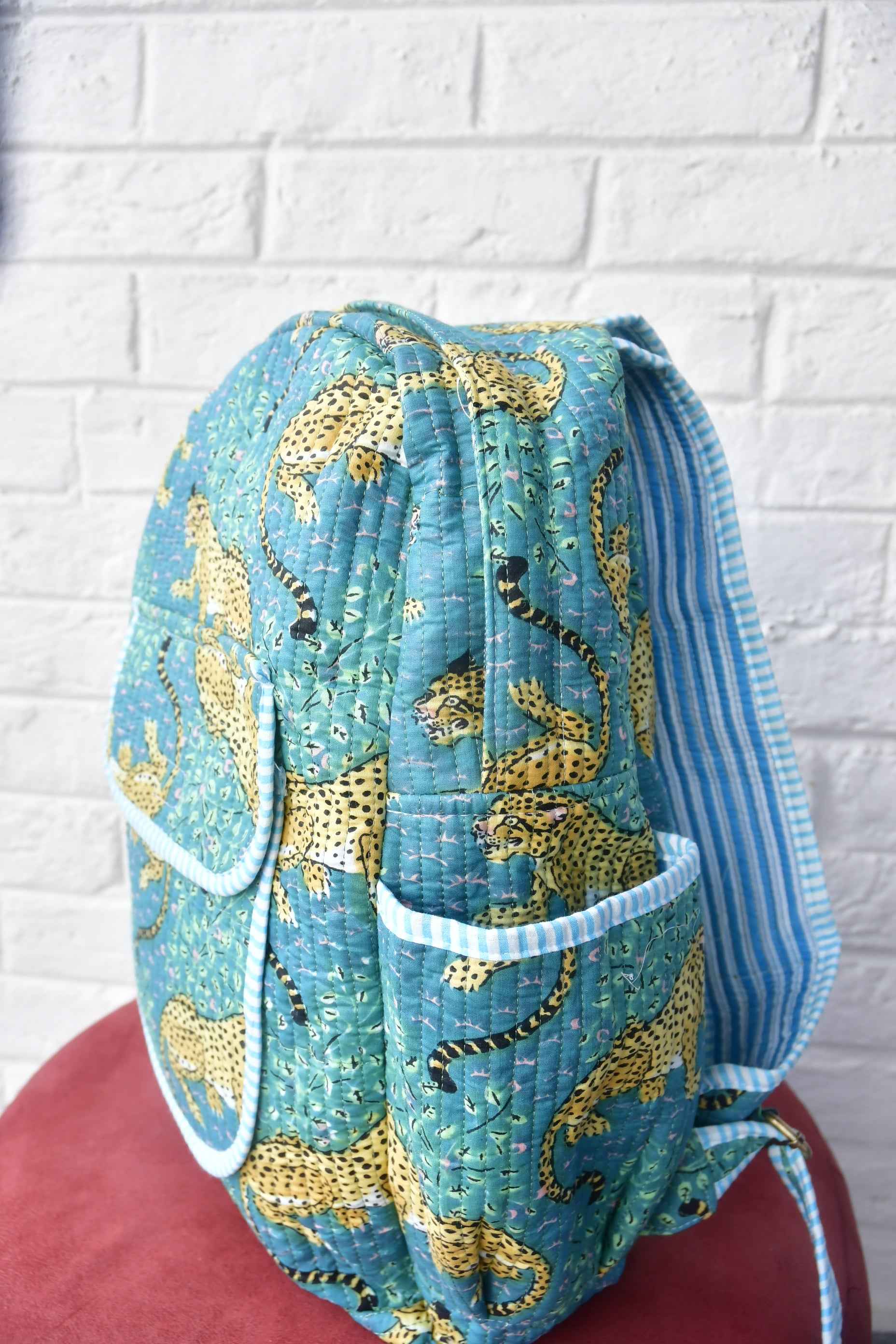 Leopard Print Blue Handblock Cotton Backpack